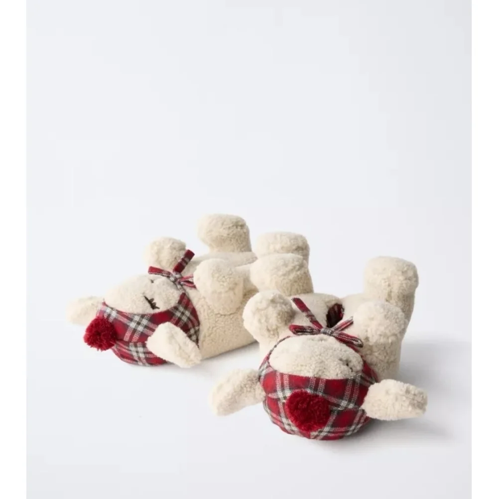 Zara Sheep Plush House Slippers in Cream with Red Plaid Accents